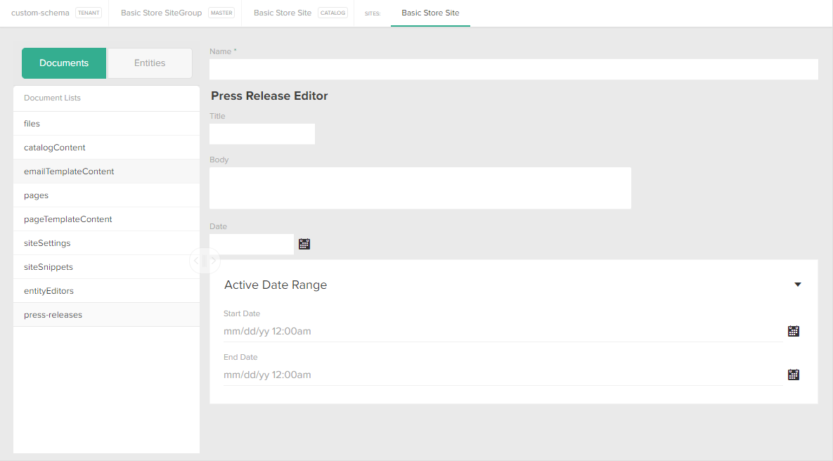 The press release editor on the Custom Schema page