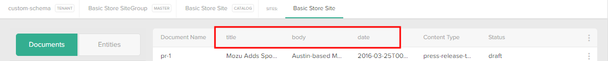 The Custom Schema page with callouts for the title, body, and date columns of the document grid