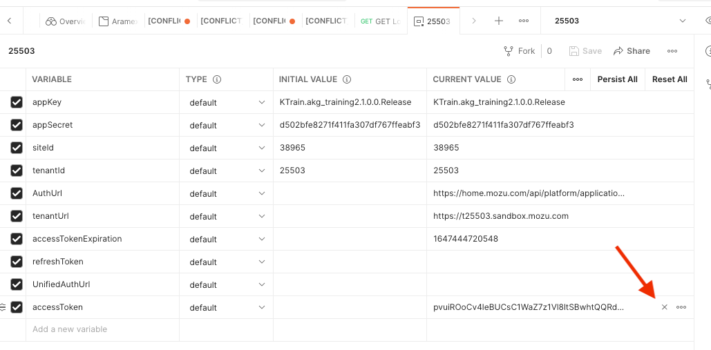 List of environment variables with a callout for the delete option
