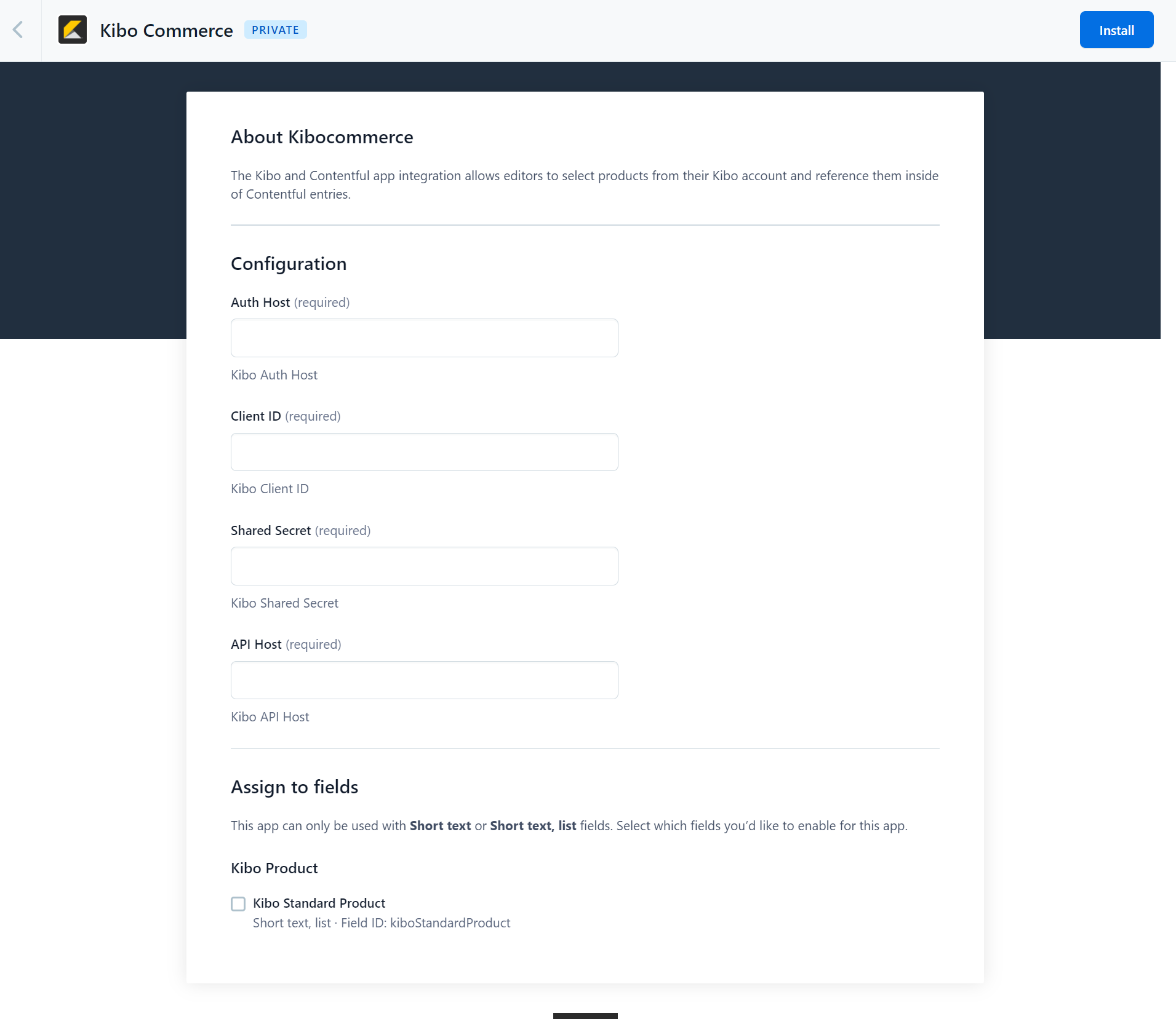 Configuration Modal with Auth Host, Kibo Client ID, Shared Secret, and API Host fields