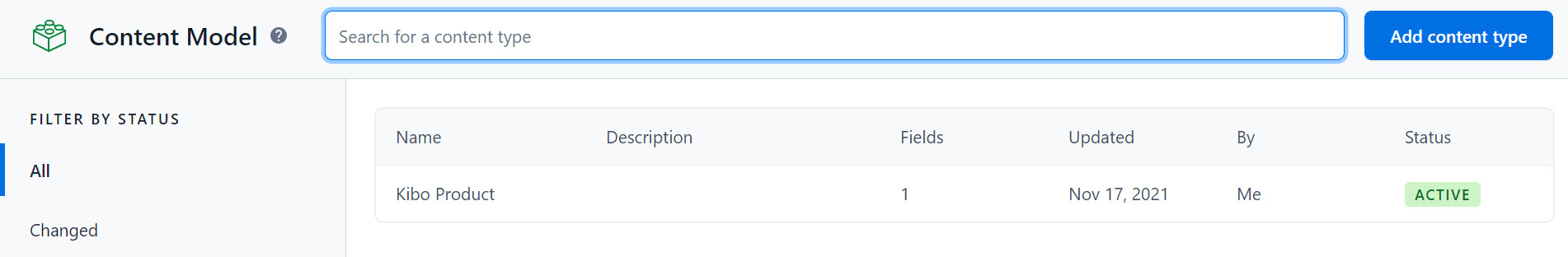 Content Model page to manage content types with a search bar and “Add content type” button at top right corner