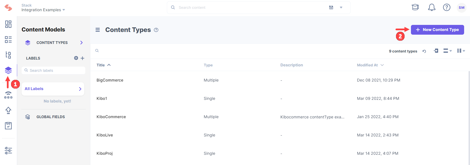 Contentstack homepage with navigation for adding "New Content Type"