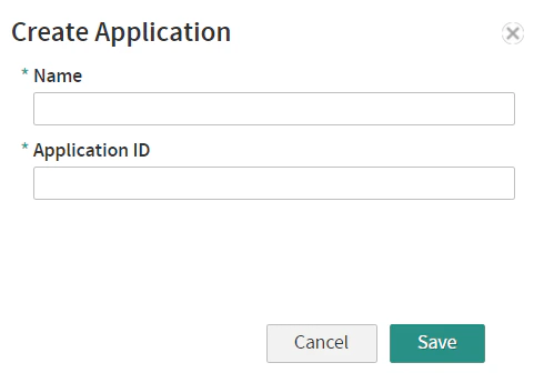 Create Application modal with the required fields and "Save" button at bottom