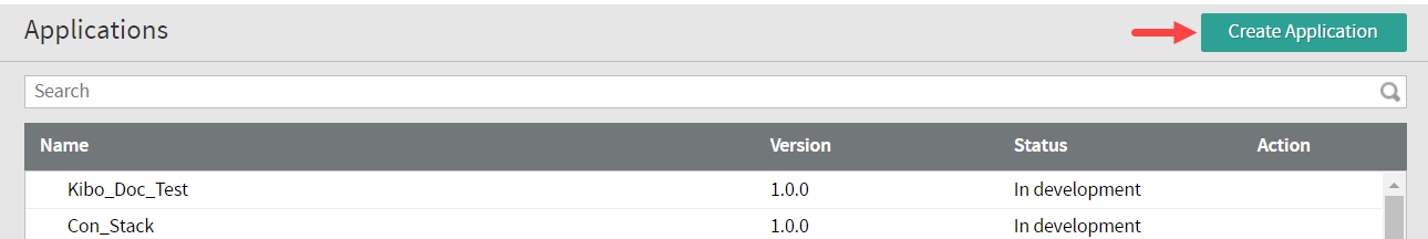 Applications page with "Create Application" button at top right corner
