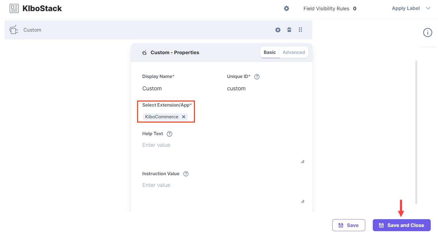 Custom field page with "Select Extension/App" drop-down and "Save and Close" button at bottom