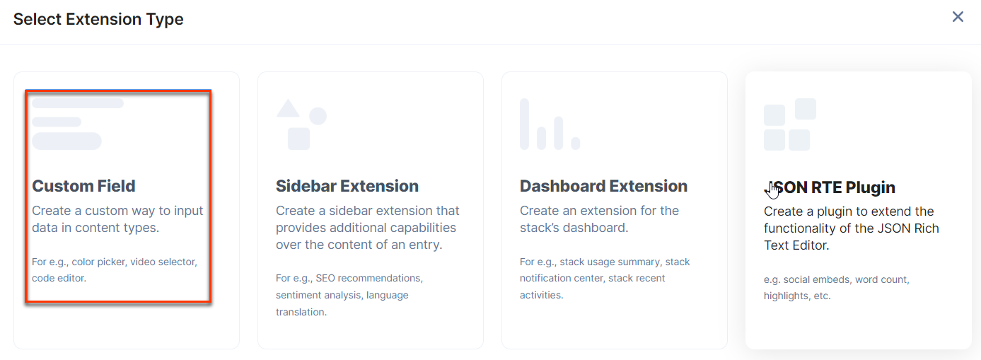 "Select Extension Type" window with highlighting "Custom Field" option