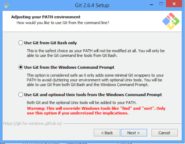The Git Setup wizard with "Use Git from the Windows Command Prompt" selected