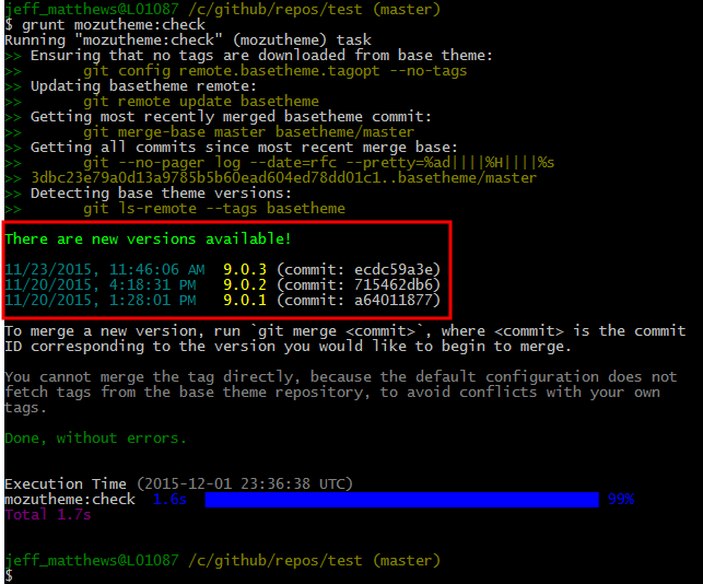 Callout of the "New Versions Available" message in command line