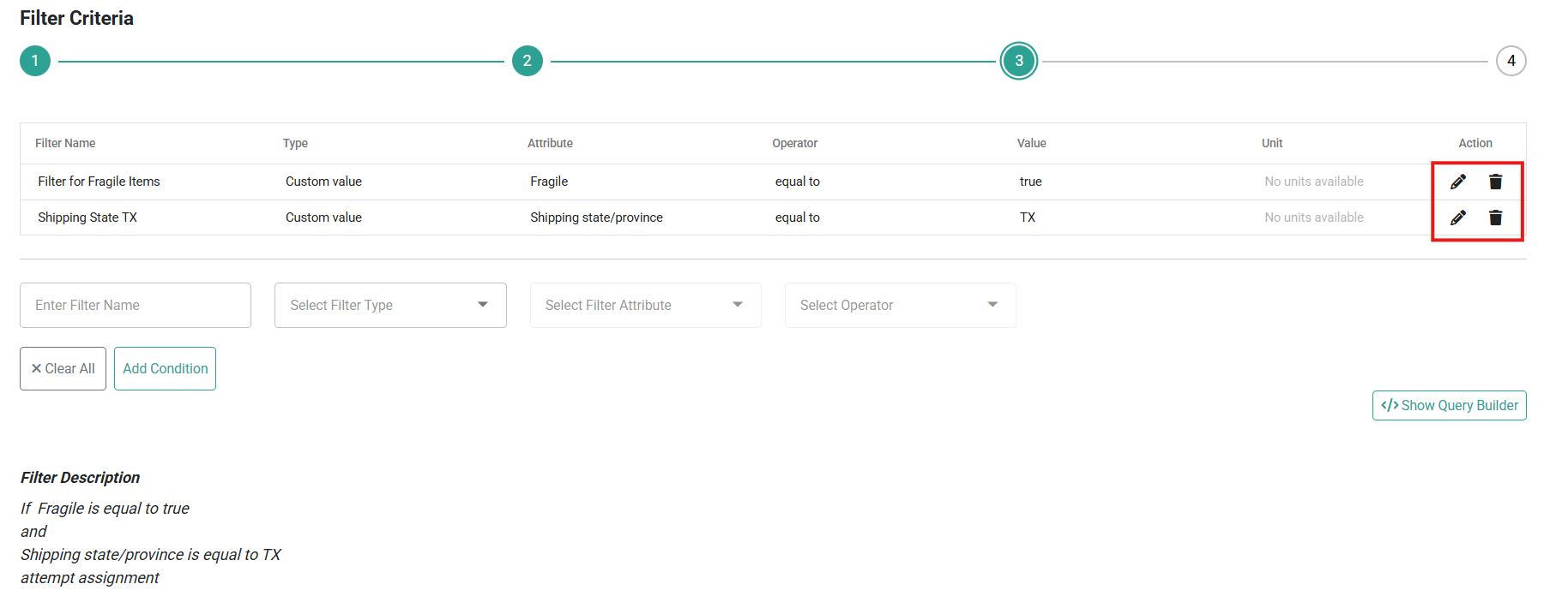 The Filter Criteria section with a callout for the edit and delete icons