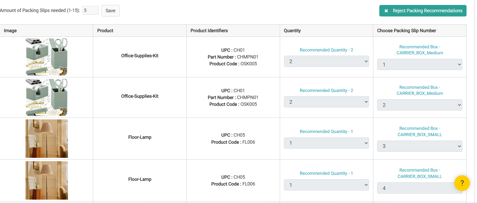 Packing Recommendations displayed