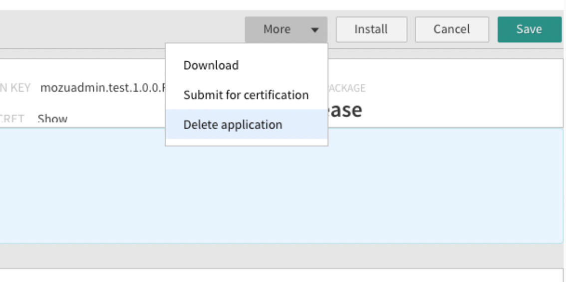 The More menu in the Application Editor showing the Delete application option