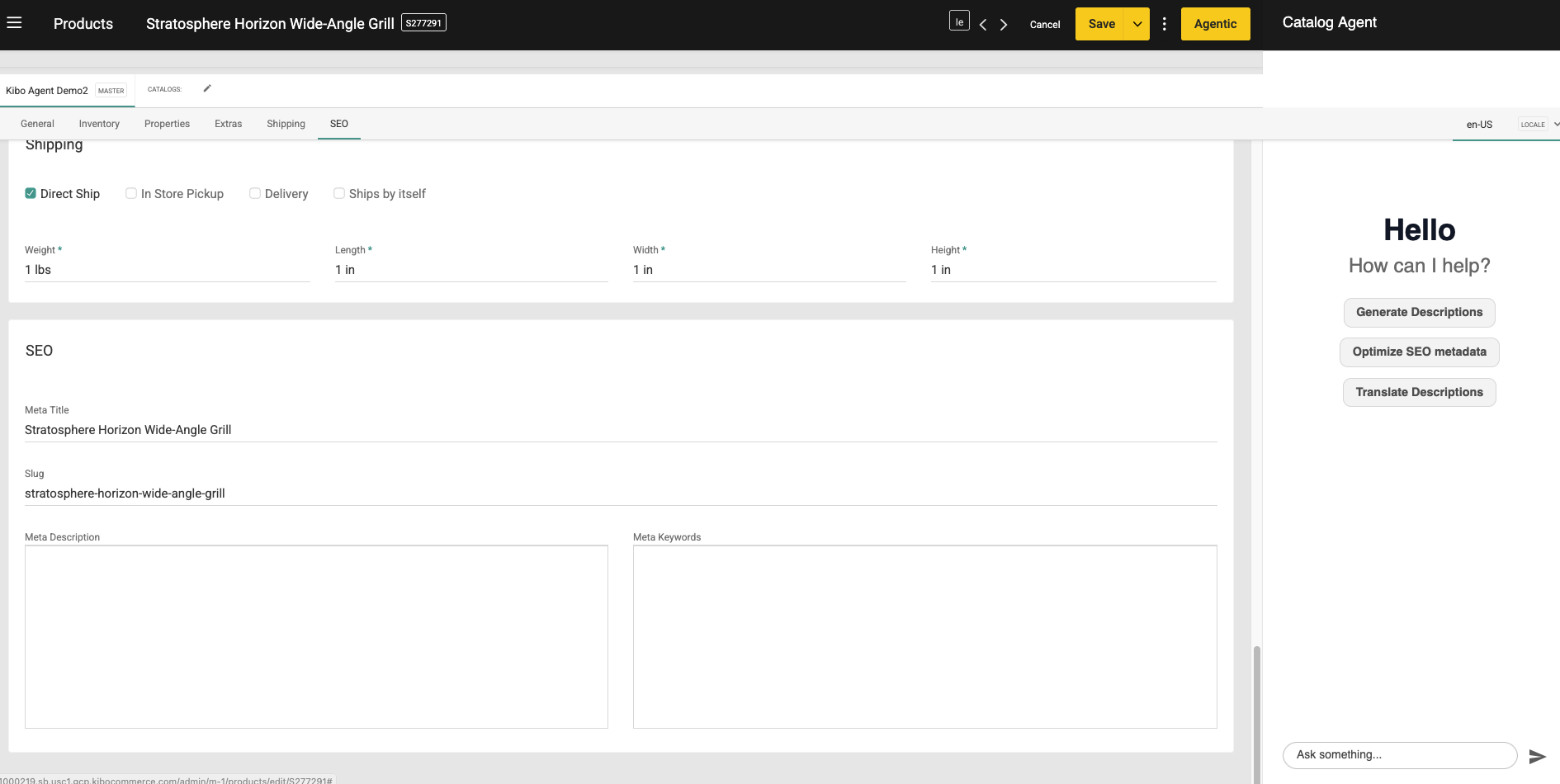 Product SEO tab showing empty metadata fields