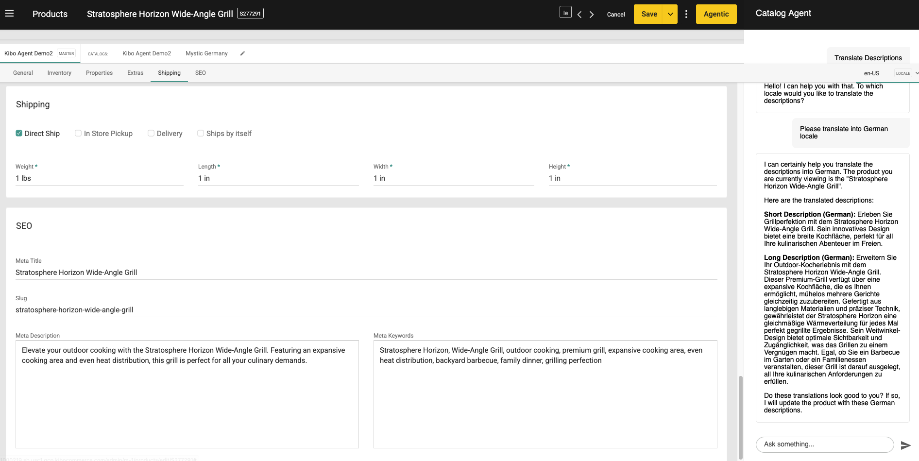 Merchandizing Agent translating descriptions to German