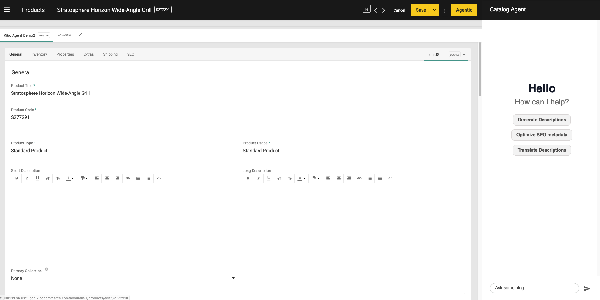 Merchandizing Agent welcome panel showing quick action buttons