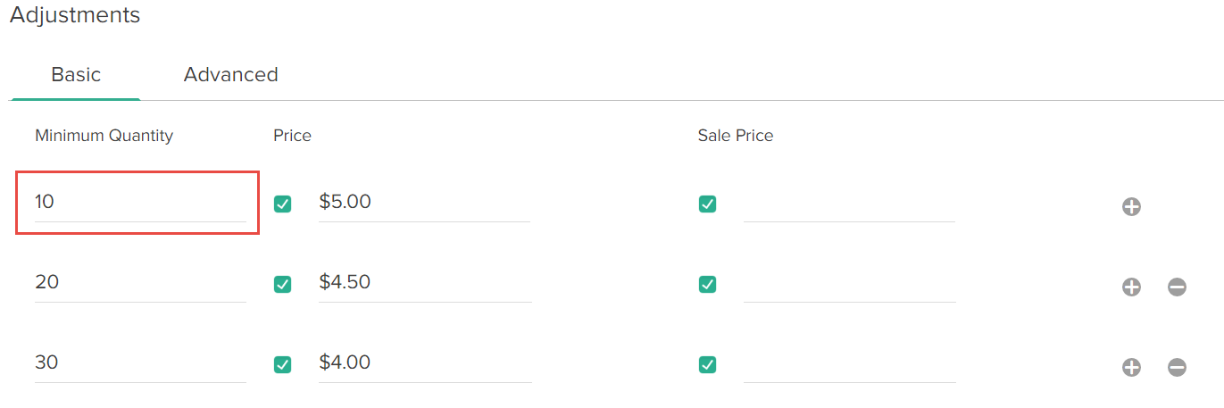 Close-up of the Adjustments module with a callout for an example minimum quantity setting