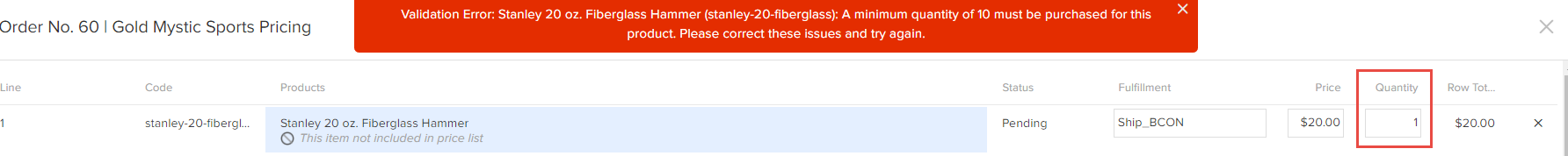 Close-up of order details with a validation error and callout for the insufficient quantity