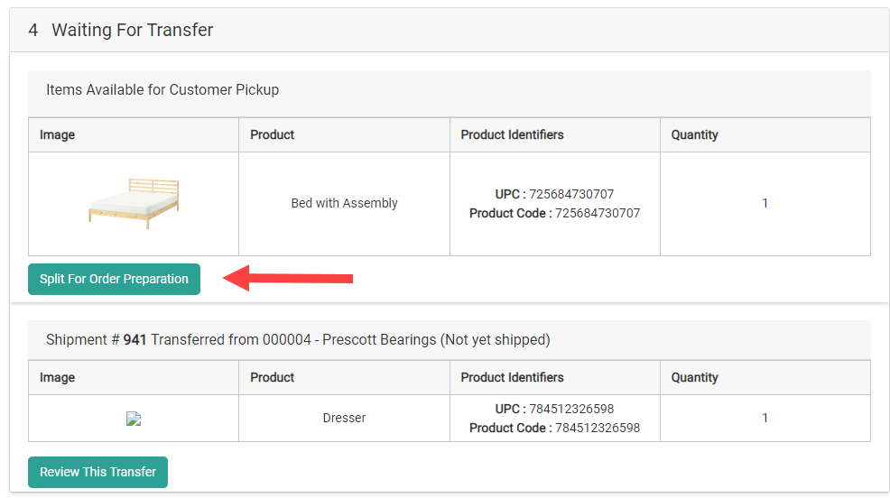 A shipment in the Waiting for Transfer step with an arrow pointing to the Split For Order Preparation button