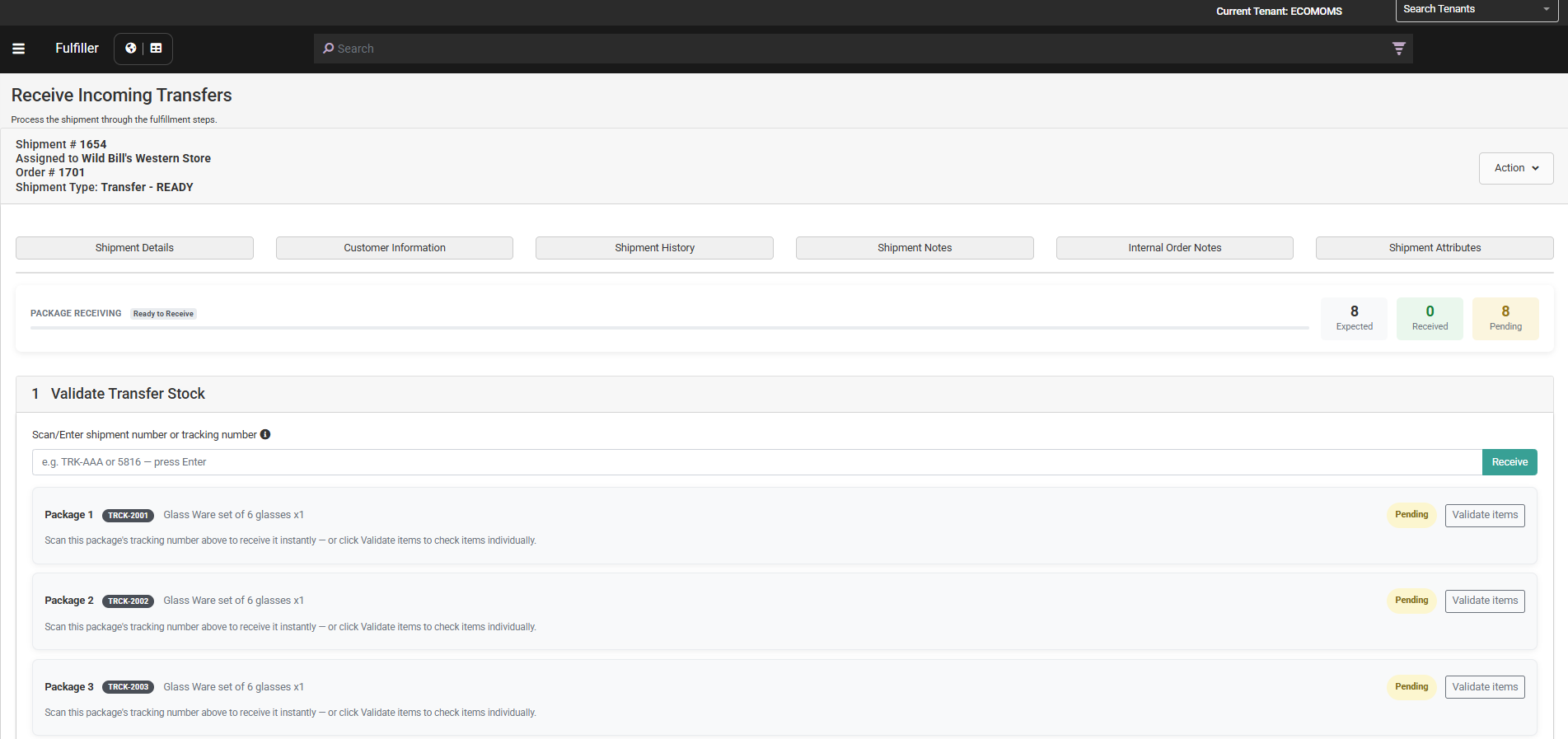 Multi Package Receive Transfer Shipment Screen