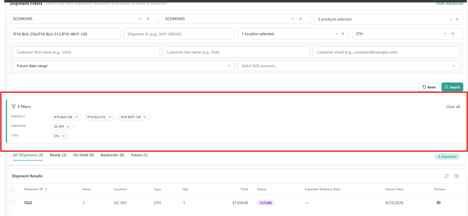 Active Filter Pills On Shipments Page