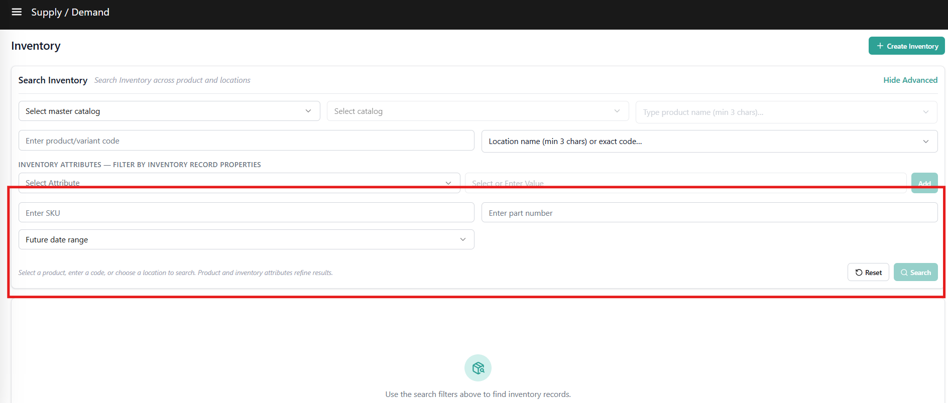 Advance Search Main Inventory Supply Demand UI