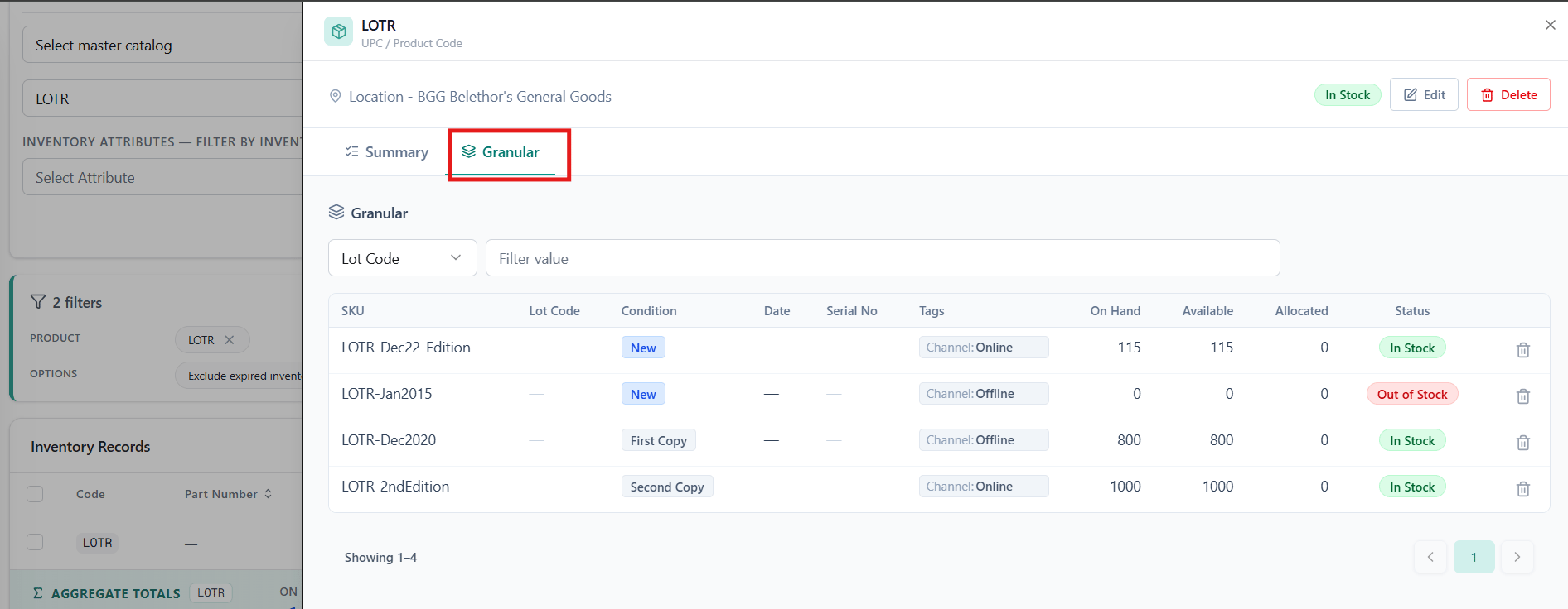 Granular Tab Main Inventory Page