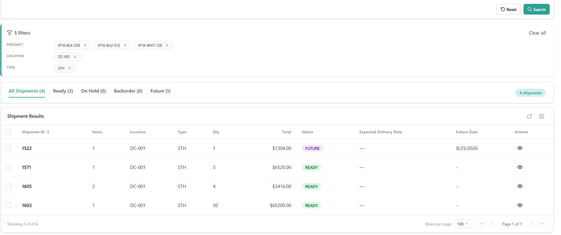 Results Grid On Shipments Page