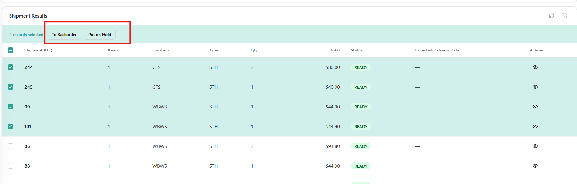 Results Grid With Multiple Shipments Selected Via Checkboxes And Bulk Action Bar Visible