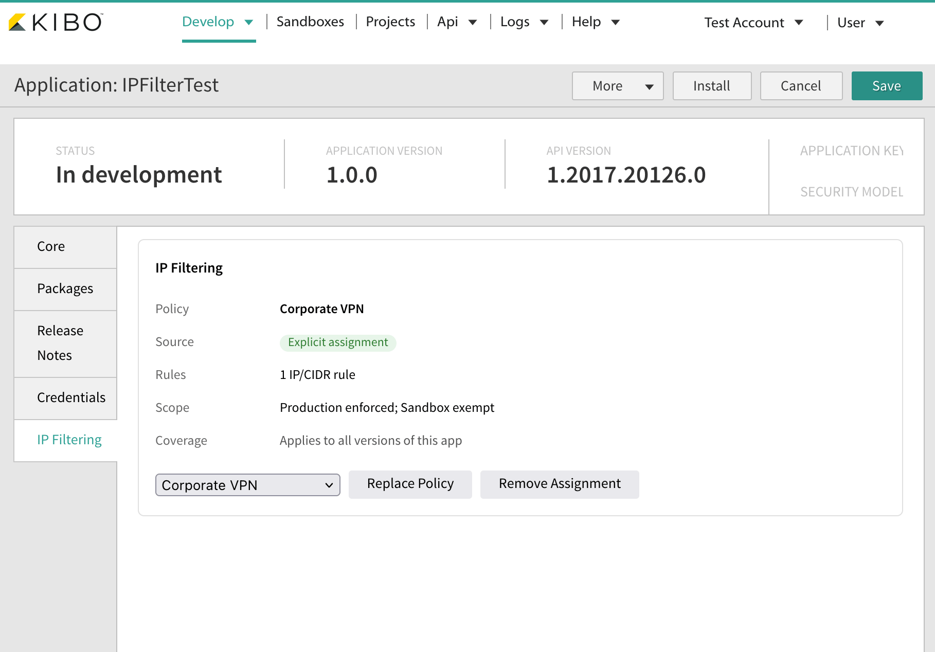 The per-app IP Filtering tab showing the effective policy details and the assignment controls