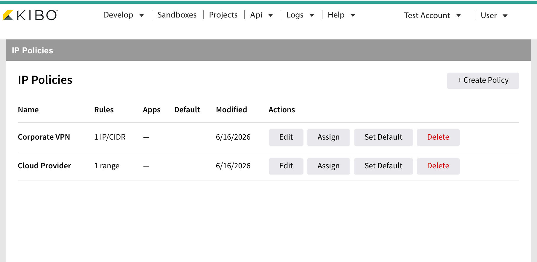 The IP Policies page listing existing policies with Edit, Assign, Set Default, and Delete actions