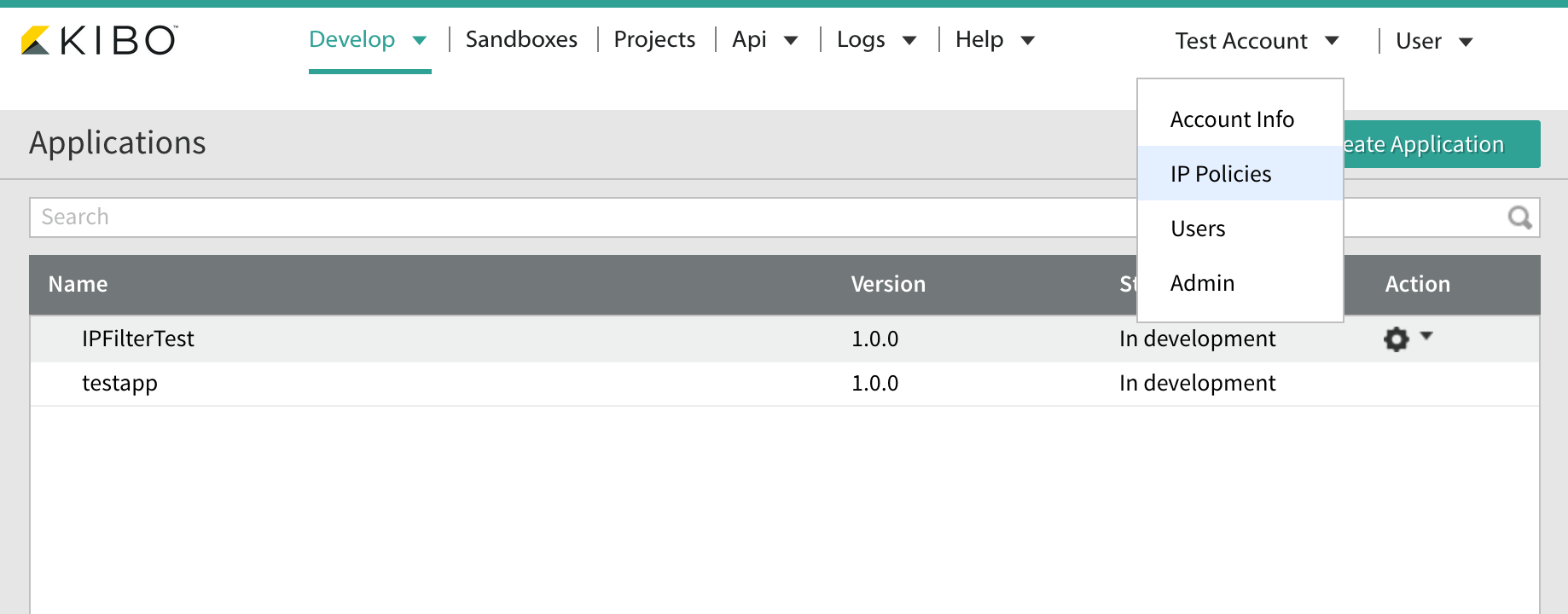 The account drop-down menu in Dev Center with IP Policies selected