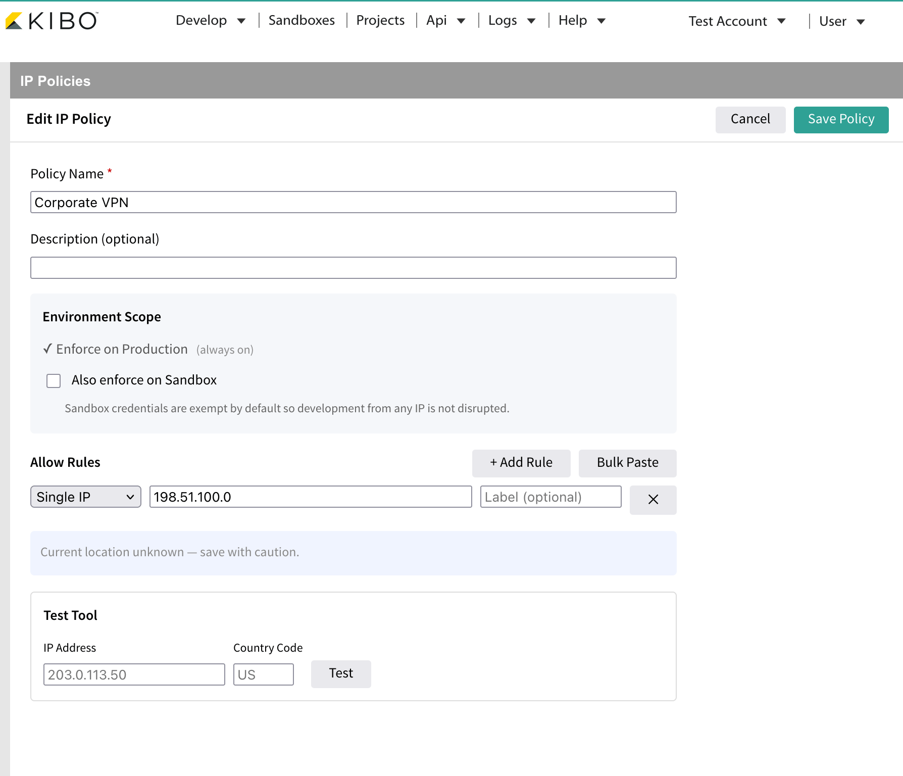 The Create IP Policy editor showing the Environment Scope, allow-rule controls, and Test Tool