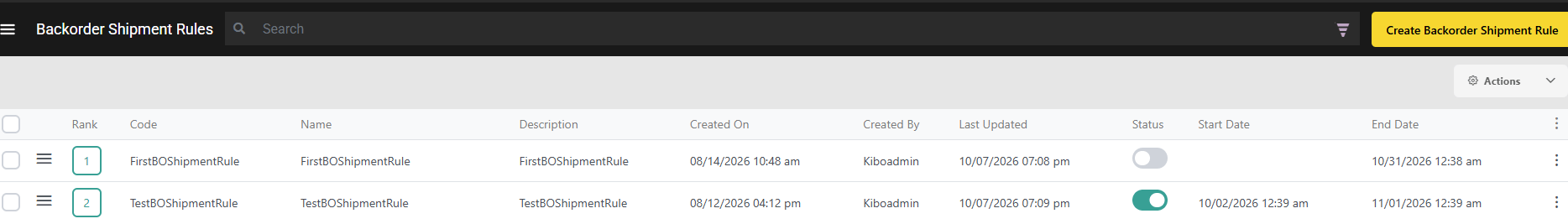 Backorder Shipment Rule List Page