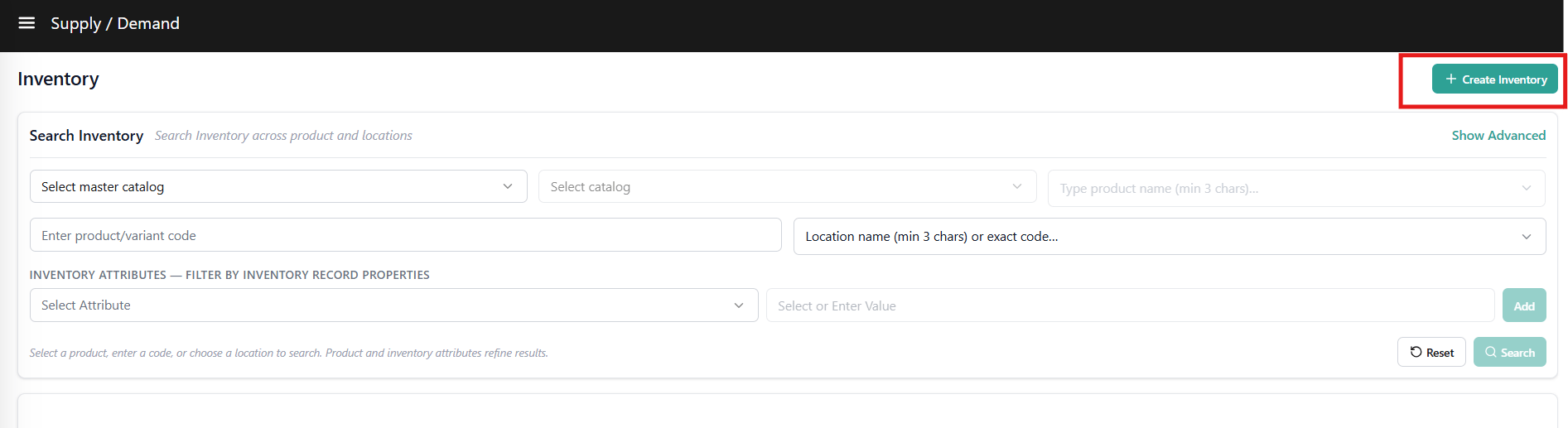 "+ Create Inventory" button