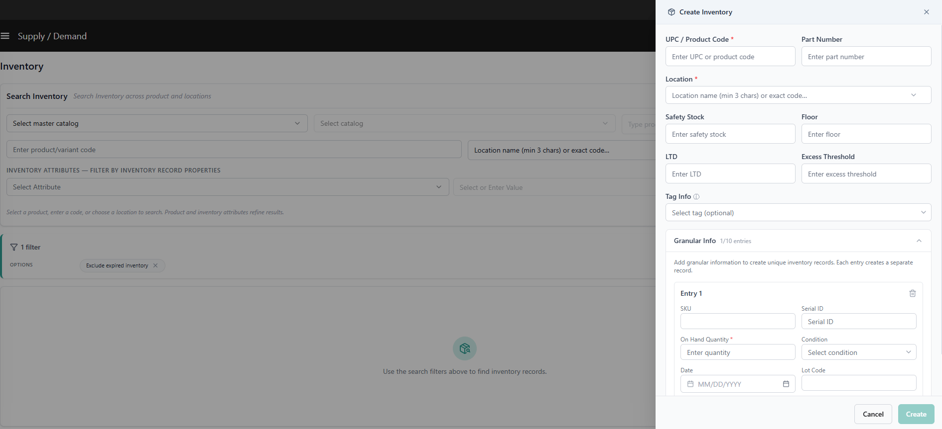 Create drawer with granular fields — SKU, Lot Code, Date, Condition dropdown, Serial No