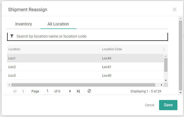 The Shipment Reassign modal viewing all locations