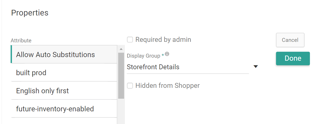 The Properties section of product type configurations with the Allow Auto Substitutions attribute selected