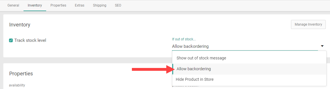 Product inventory settings with "Allow backordering" selected