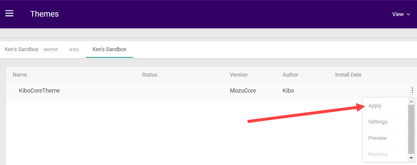 The Themes page of the Admin UI with a callout for the Apply button