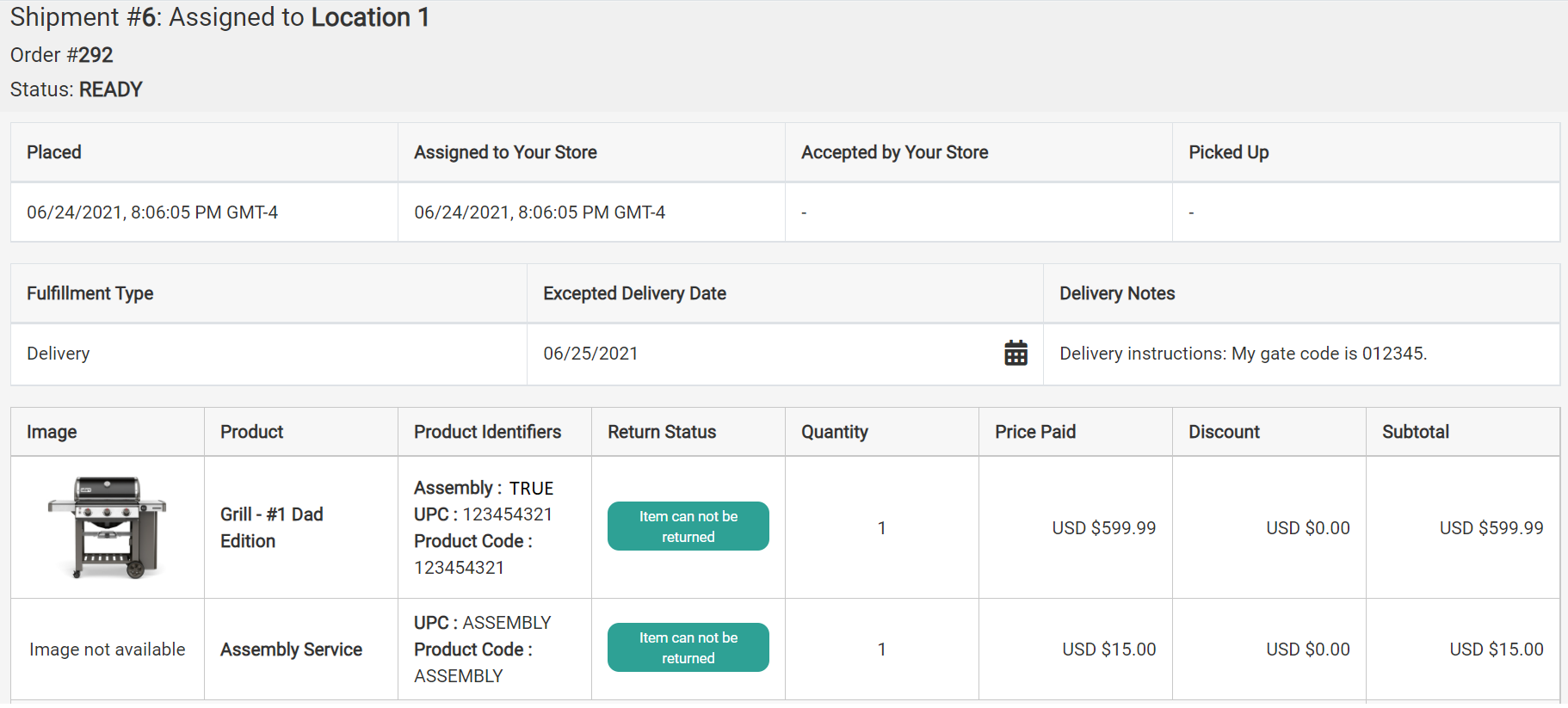 Example of a Delivery shipment details