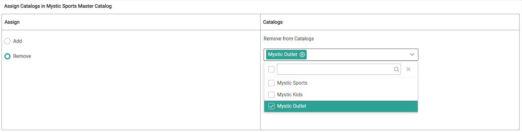 The Assign Catalogs step with Remove selected and a catalog checked in the drop-down menu