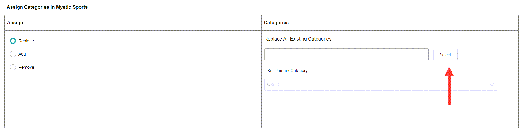 The Assign Categories module with toggles for Replace, Add, or Remove actions and the category selection field