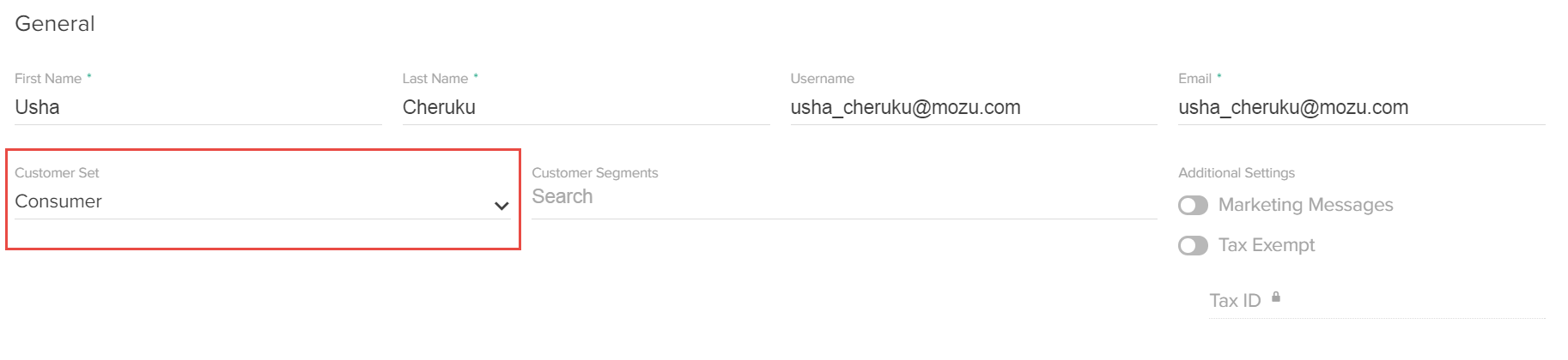 Close-up of a customer's general settings with a callout for the Customer Set option