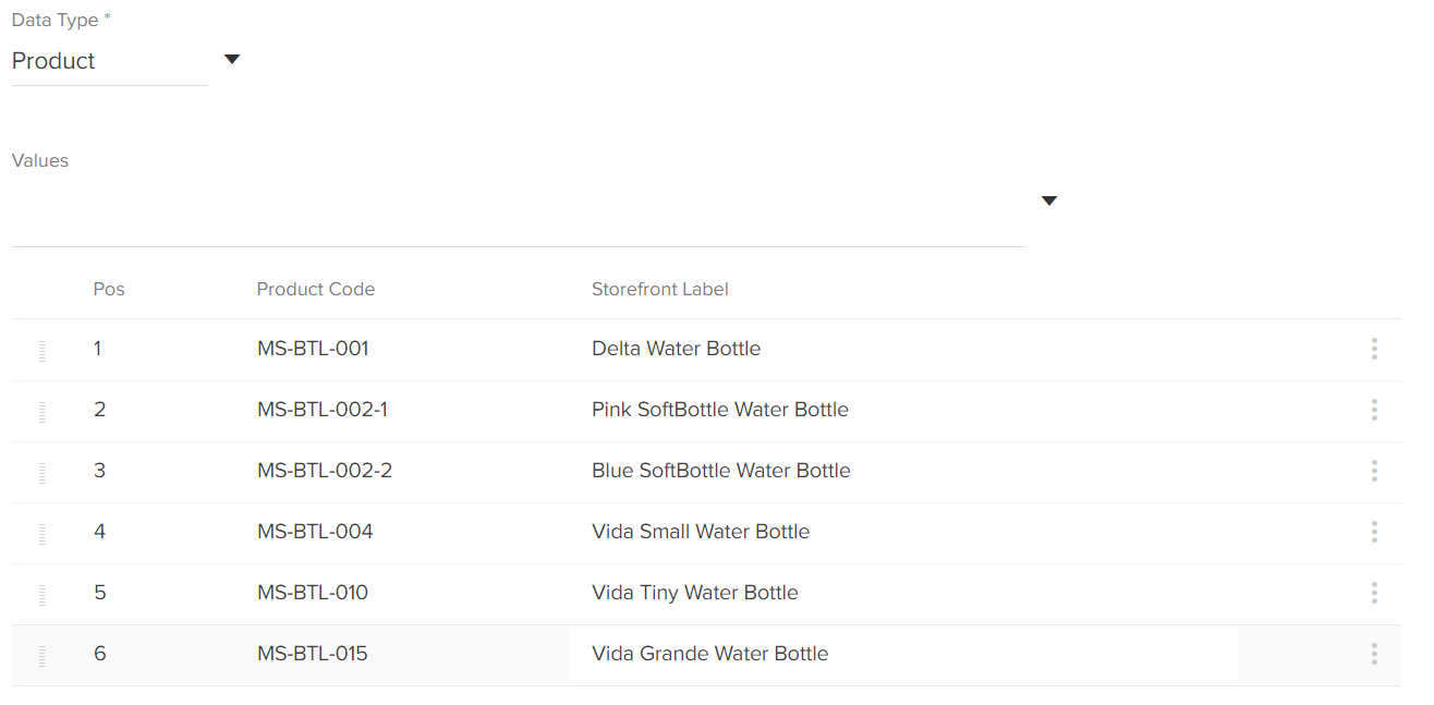 The Values section with the Data Type set to Product and a list of example options