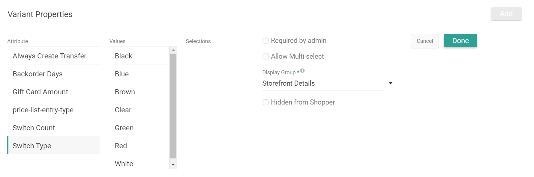 The Variant Properties configuration section