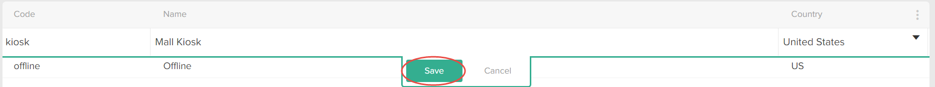 Close-up of the channels table with a callout for the Save button while editing a row