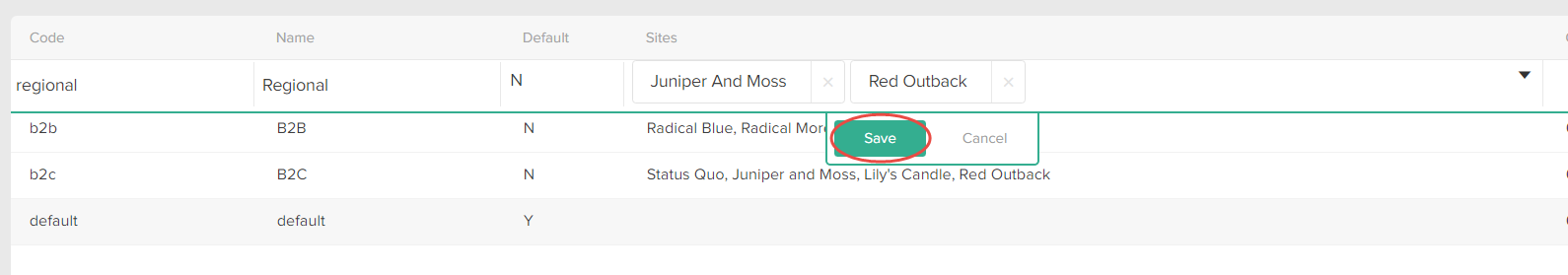 Close-up of the customer sets table with a callout for the Save button while editing a row