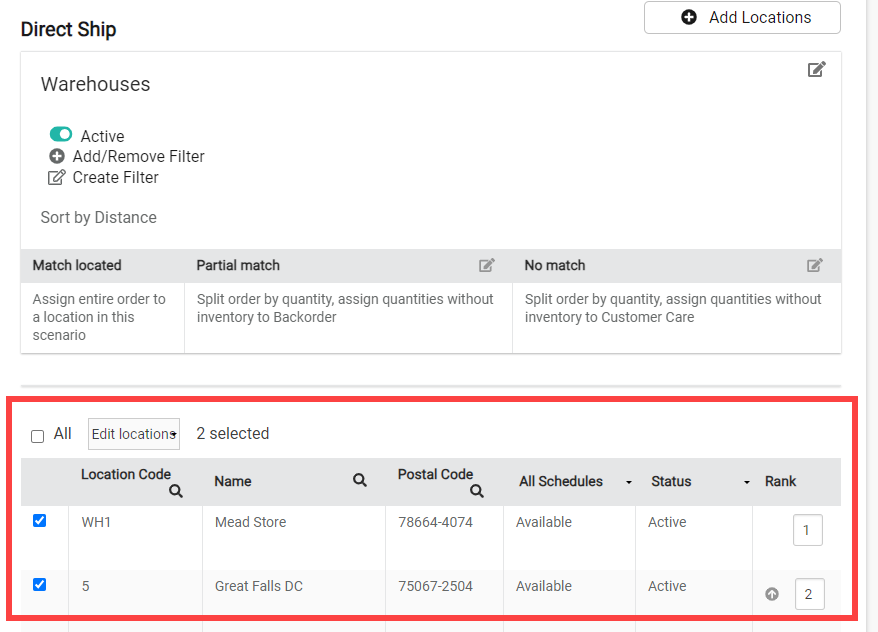An example of a Direct Ship scenario with locations selected