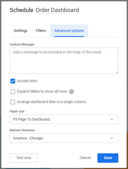 The Advanced Options tab of the Schedule dashboard modal