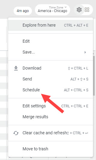 The Options menu of a custom report with a callout for the Schedule button