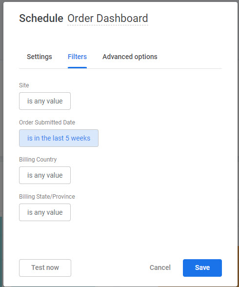 The Filters tab of the Schedule dashboard modal